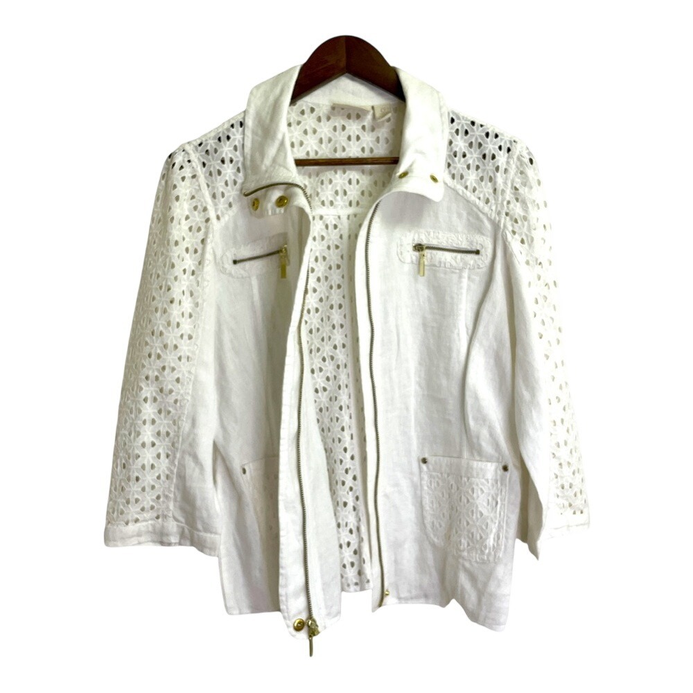 Chico's Linen Eyelet Jacket Women Size Small White Pockets - Picture 3 of 9